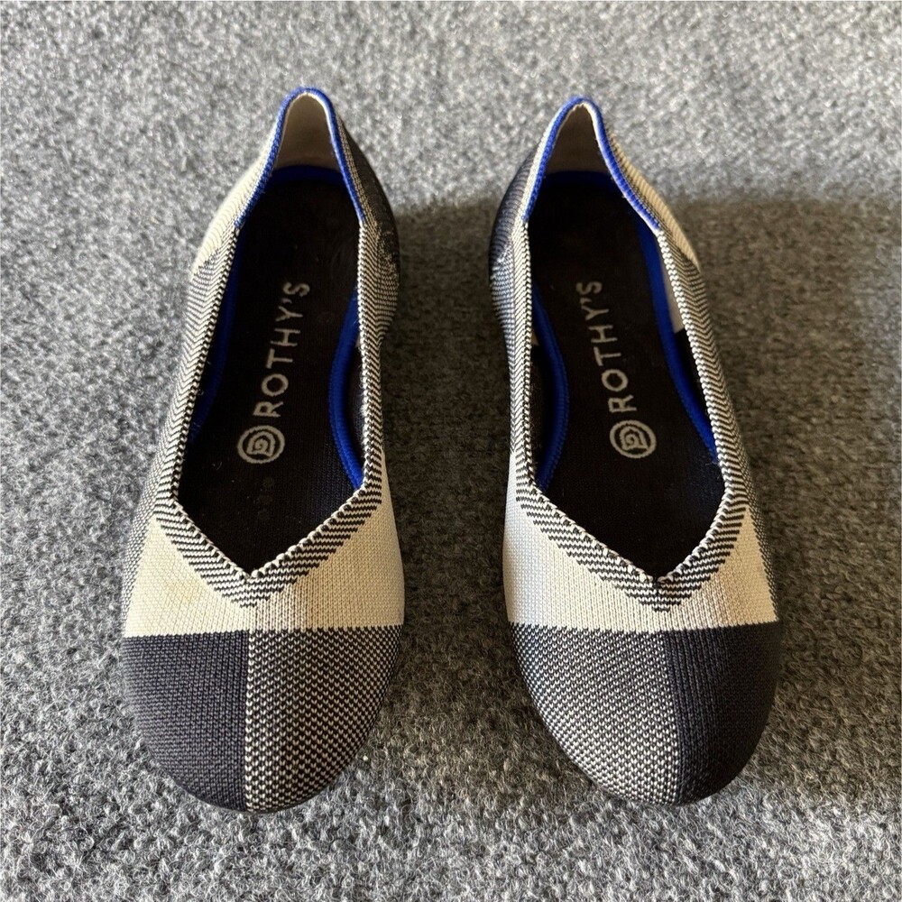 Rothy's Knit Flats Slip-On Cap Toe Colorblock Black Beige Round Toe Women's 7.5